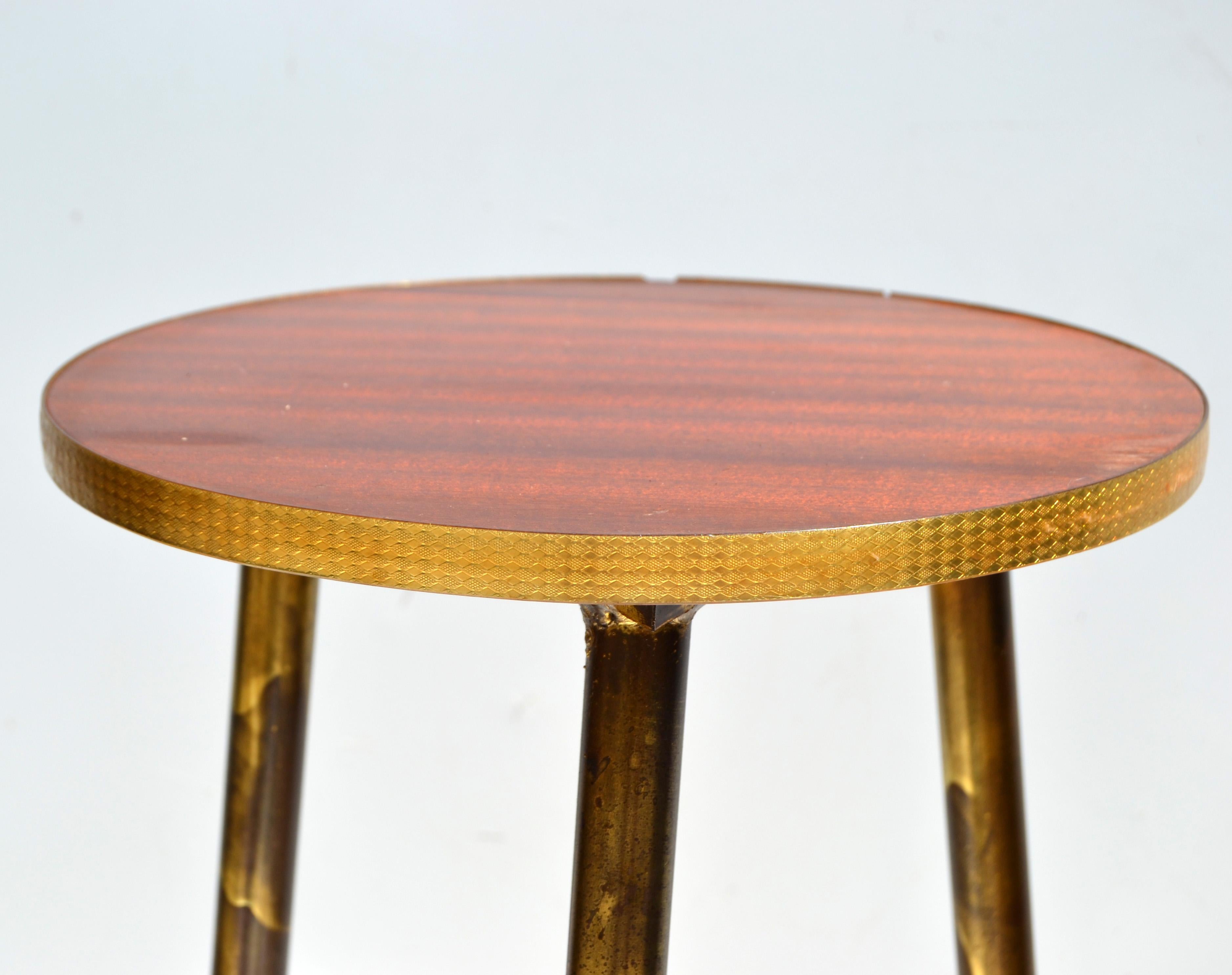 Mid-Century Modern Bronze, Brass & Laminate Wood Drink Side Table Tripod Base For Sale 2