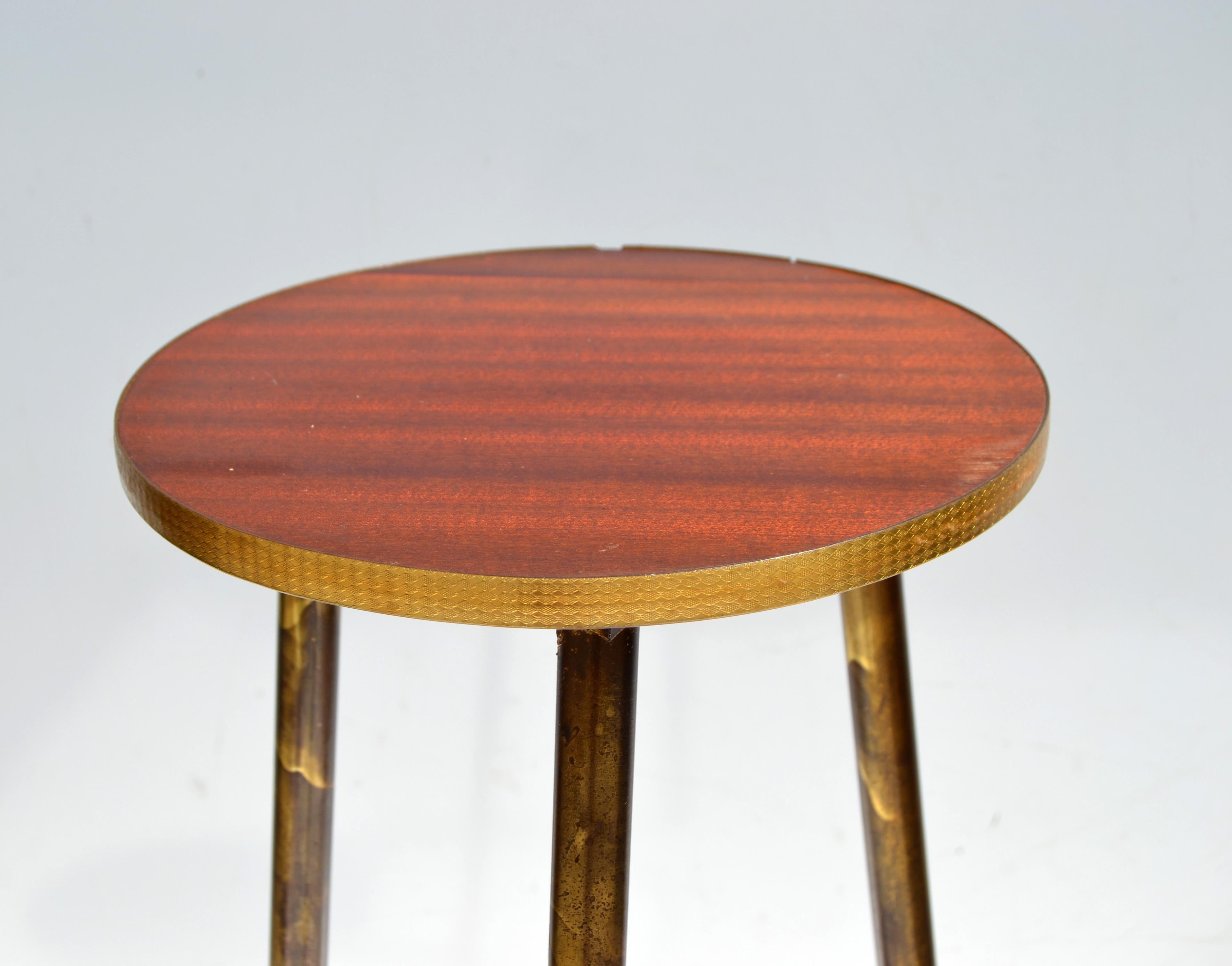 Mid-Century Modern Bronze, Brass & Laminate Wood Drink Side Table Tripod Base For Sale 3