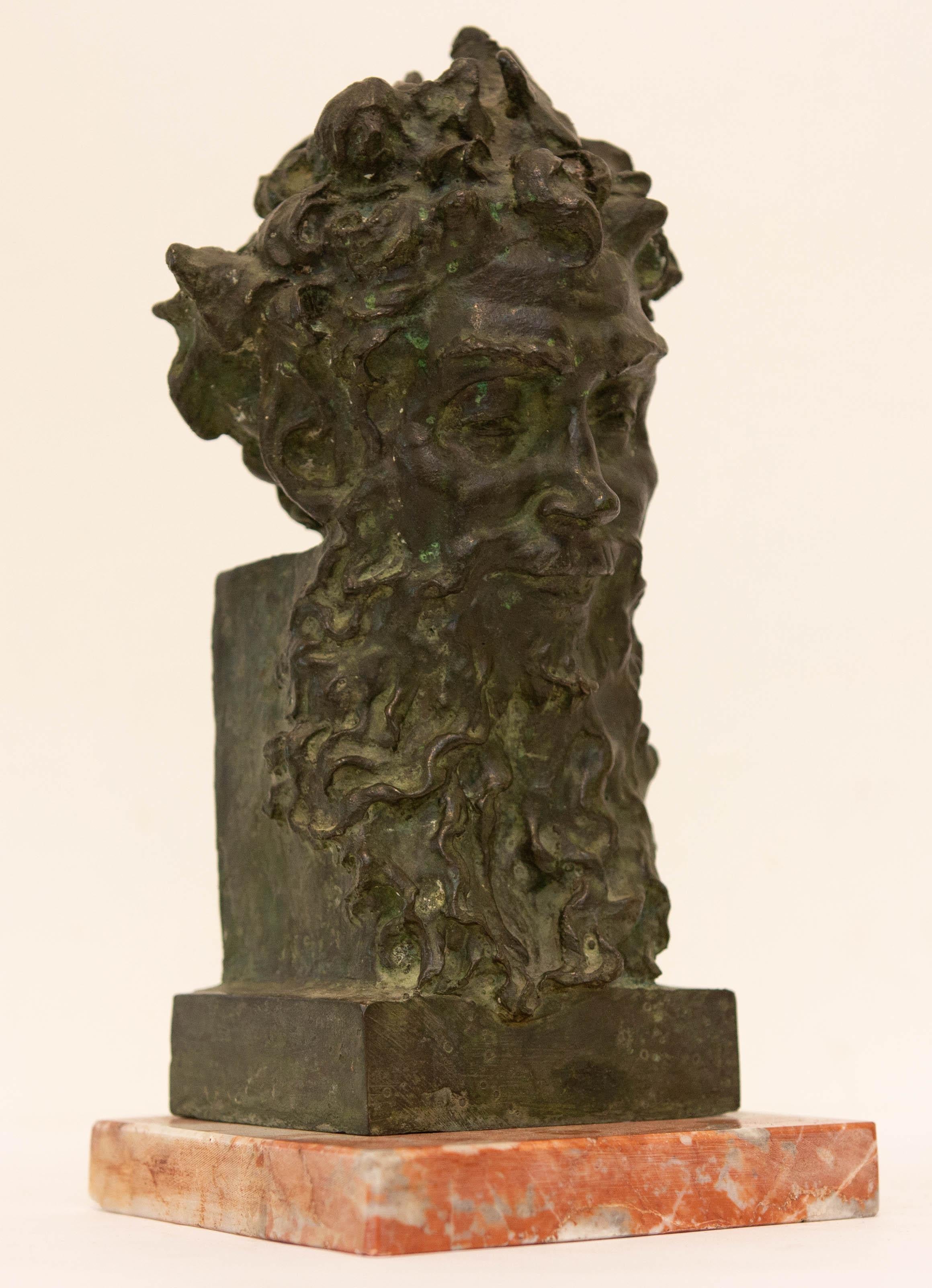 Italian modern bust of Bacchus. Patinated verdigris bronze. Signed illegibly. F. Bianchini foundry Venezia, circa mid-20th century.