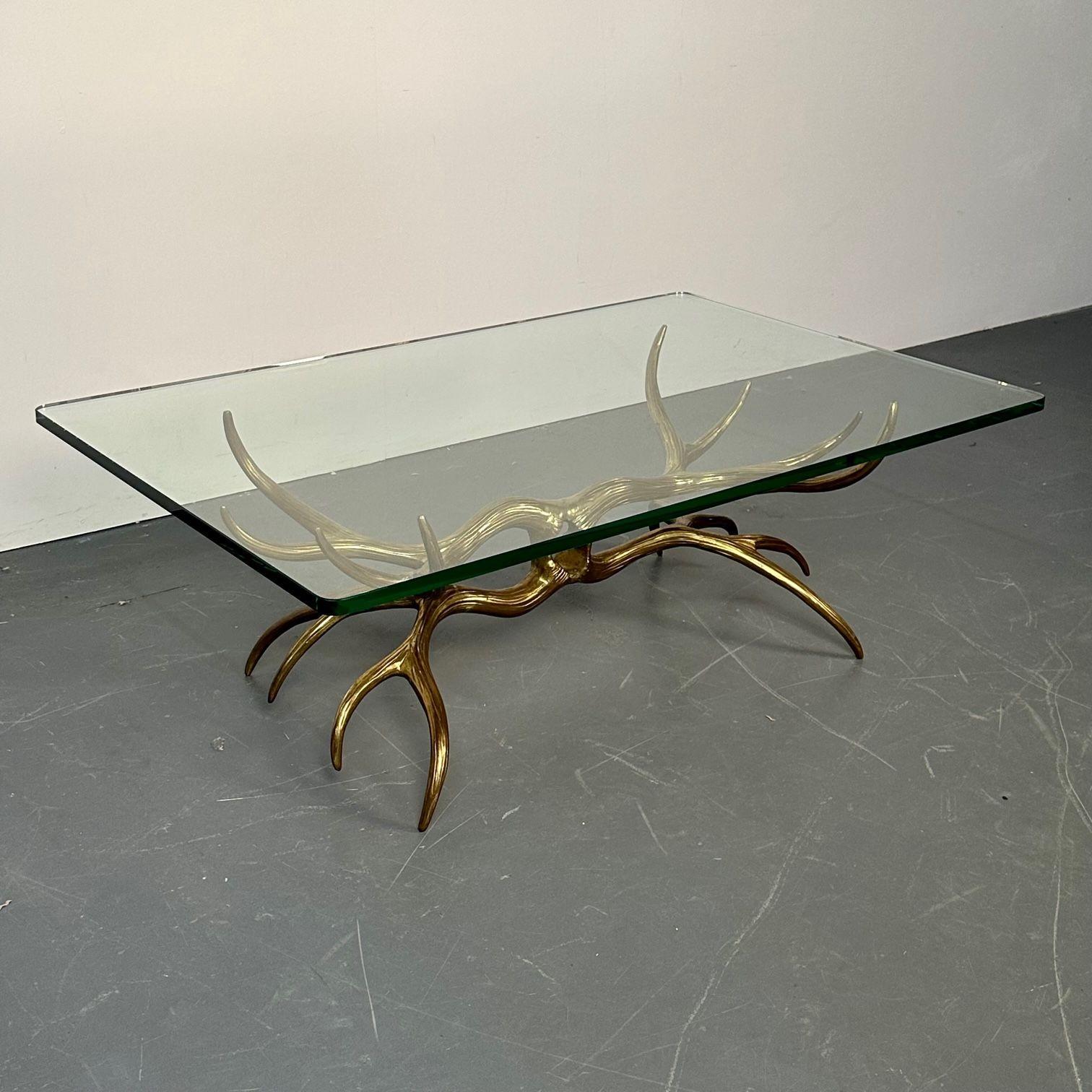 Mid-Century Modern Bronze Coffee / Cocktail Table, Willy Daro Style, Brass
Having a cast brass finish with a diamond center spewing tree like branch and horn form design supporting a thick glass top. A finely cast table, strong and heavy. Unsigned.