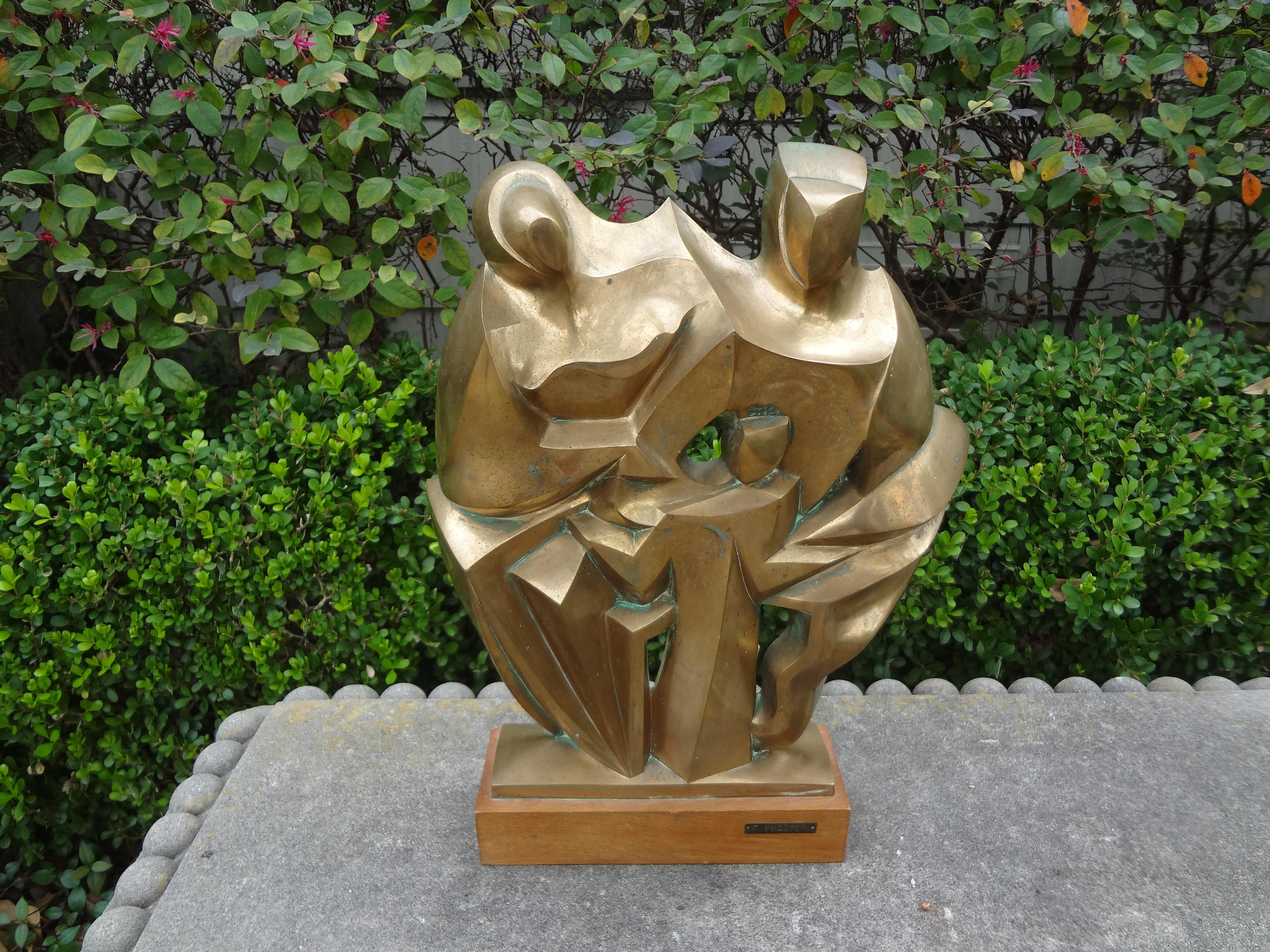 Mid-Century Modern Bronze Cubist Sculpture, Signed F. Prosperi In Good Condition For Sale In Houston, TX