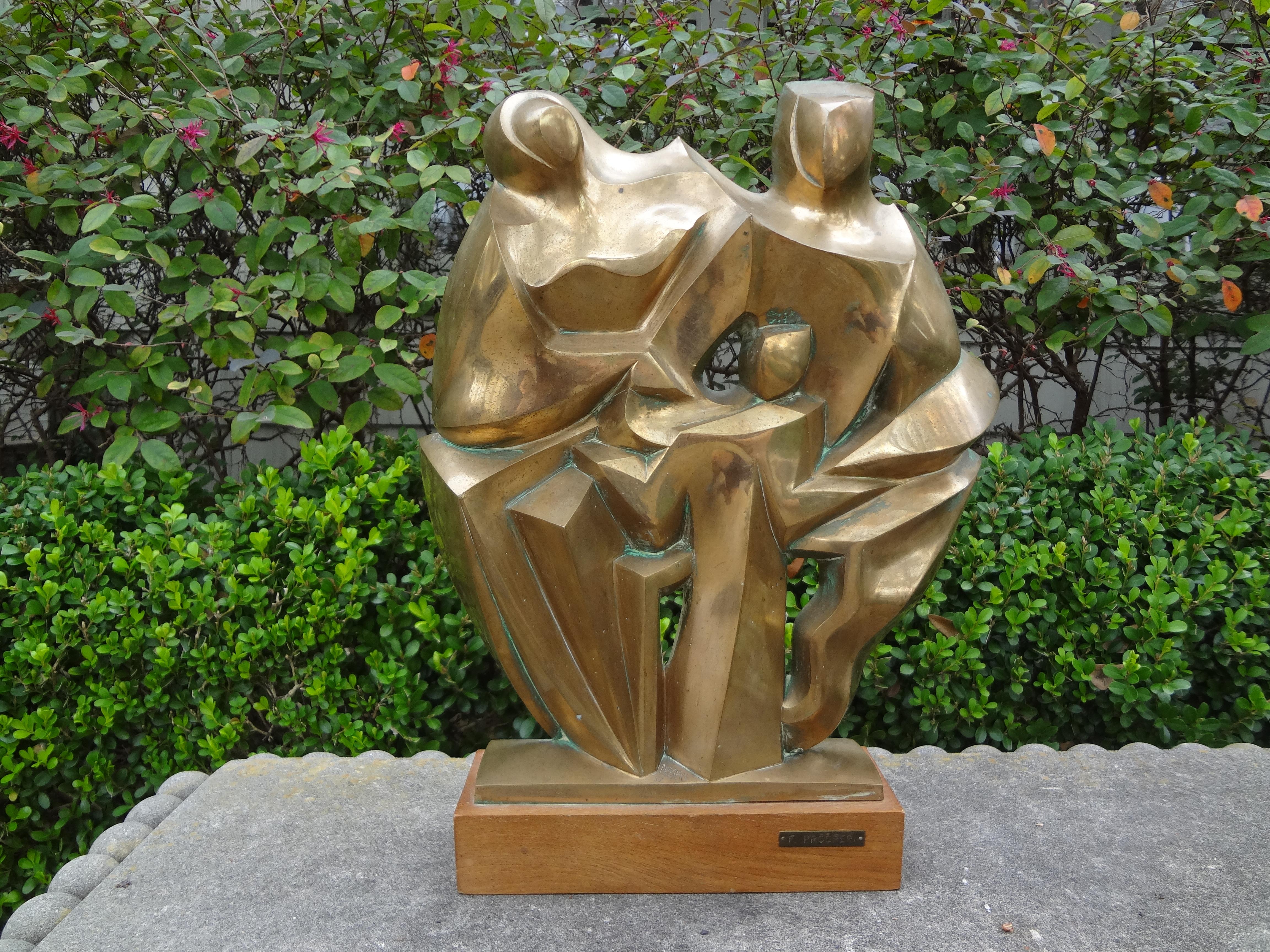 Mid-Century Modern Bronze Cubist Sculpture, Signed F. Prosperi For Sale 1