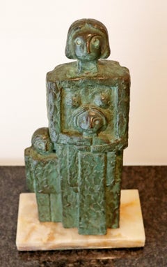 Mid-Century Modern Bronze Cubist Table Sculpture on Marble Signed ZAKO