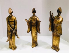 Mid-Century Modern Bronze Figurines Trio of Japanese Women Awa Odori Dancers