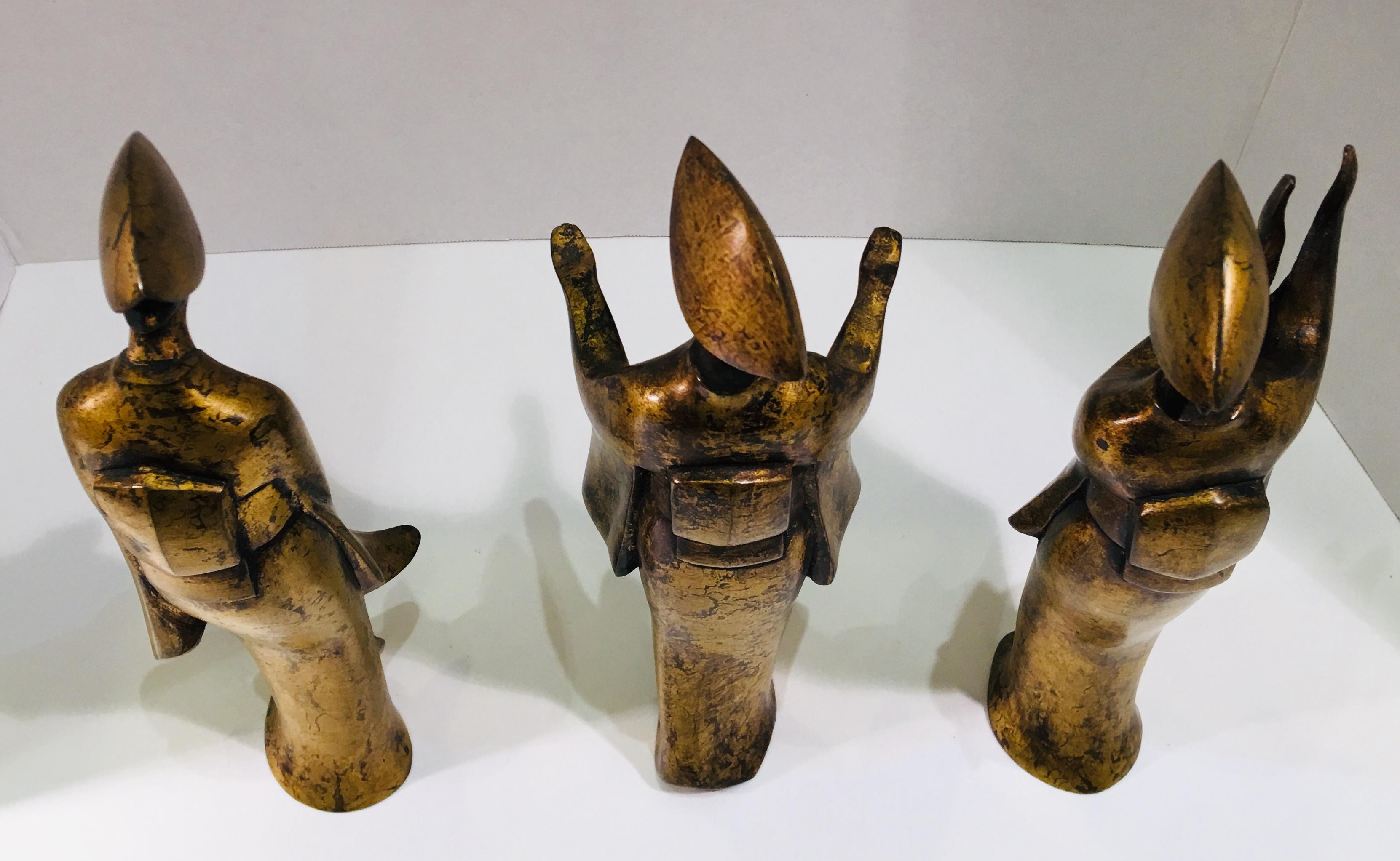 Cast Mid-Century Modern Bronze Figurines Trio of Japanese Women Awa Odori Dancers