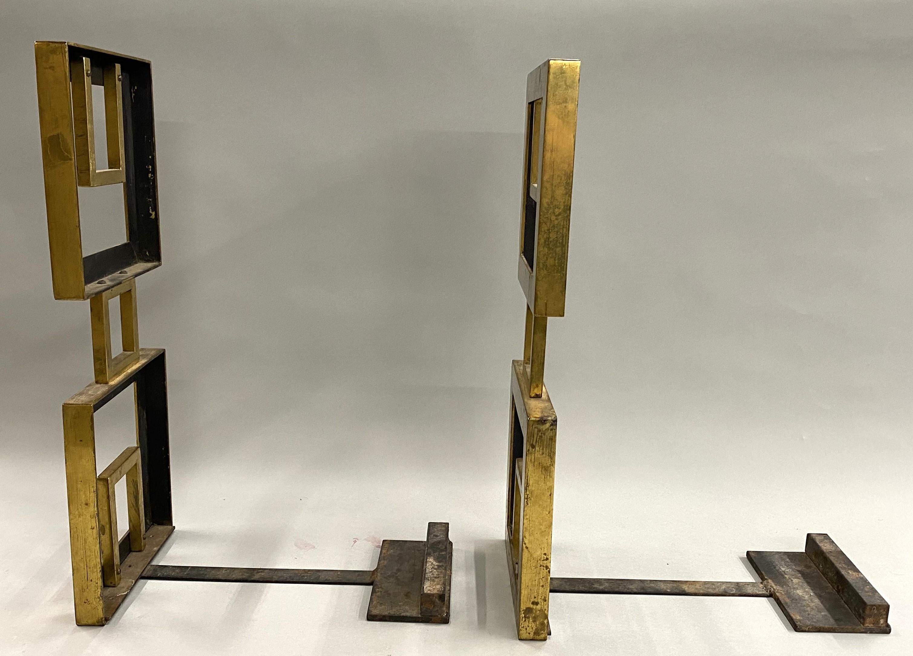 Mid Century Modern Bronze Geometric Andirons In Good Condition In Milford, NH