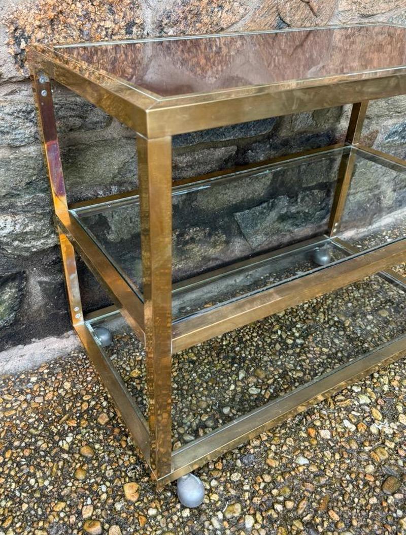 Unknown Mid-Century Modern Bronze Glass & Laminate Bar Cart on Wheels For Sale