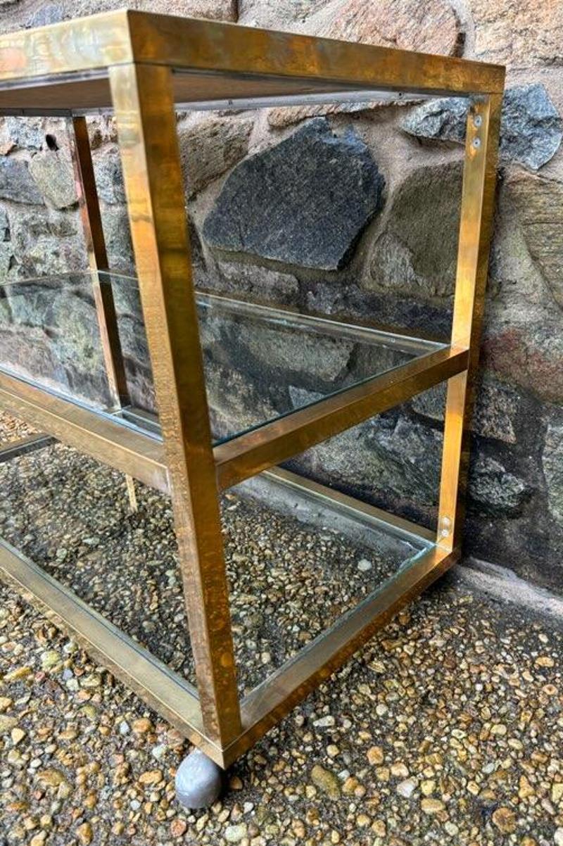 Mid-Century Modern Bronze Glass & Laminate Bar Cart on Wheels For Sale 1