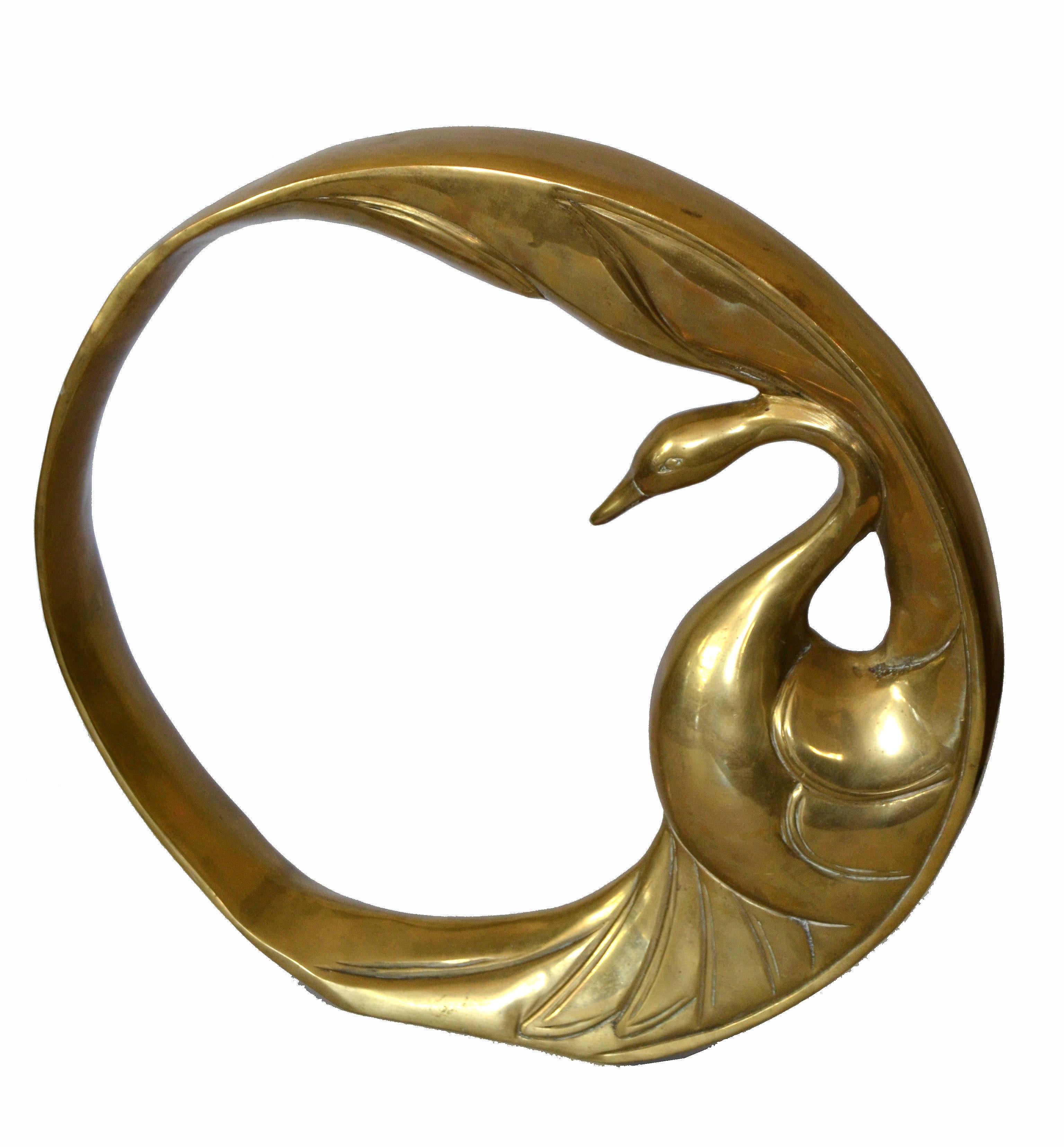 Mid-Century Modern Bronze Golden Swan Ring Table Sculpture by Dolbi Cashier 1984 In Good Condition For Sale In Miami, FL