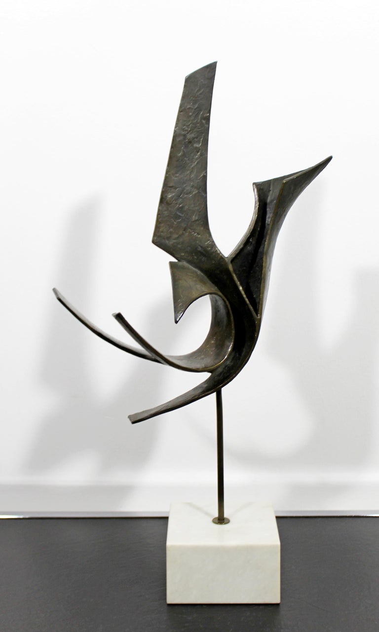 MidCentury Modern Bronze on Marble Bird Table Sculpture Signed Reba