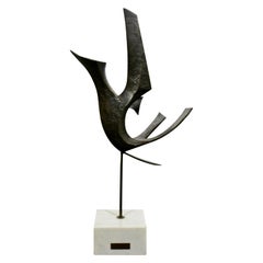 Mid-Century Modern Bronze on Marble Bird Table Sculpture Signed Reba Pintzuk