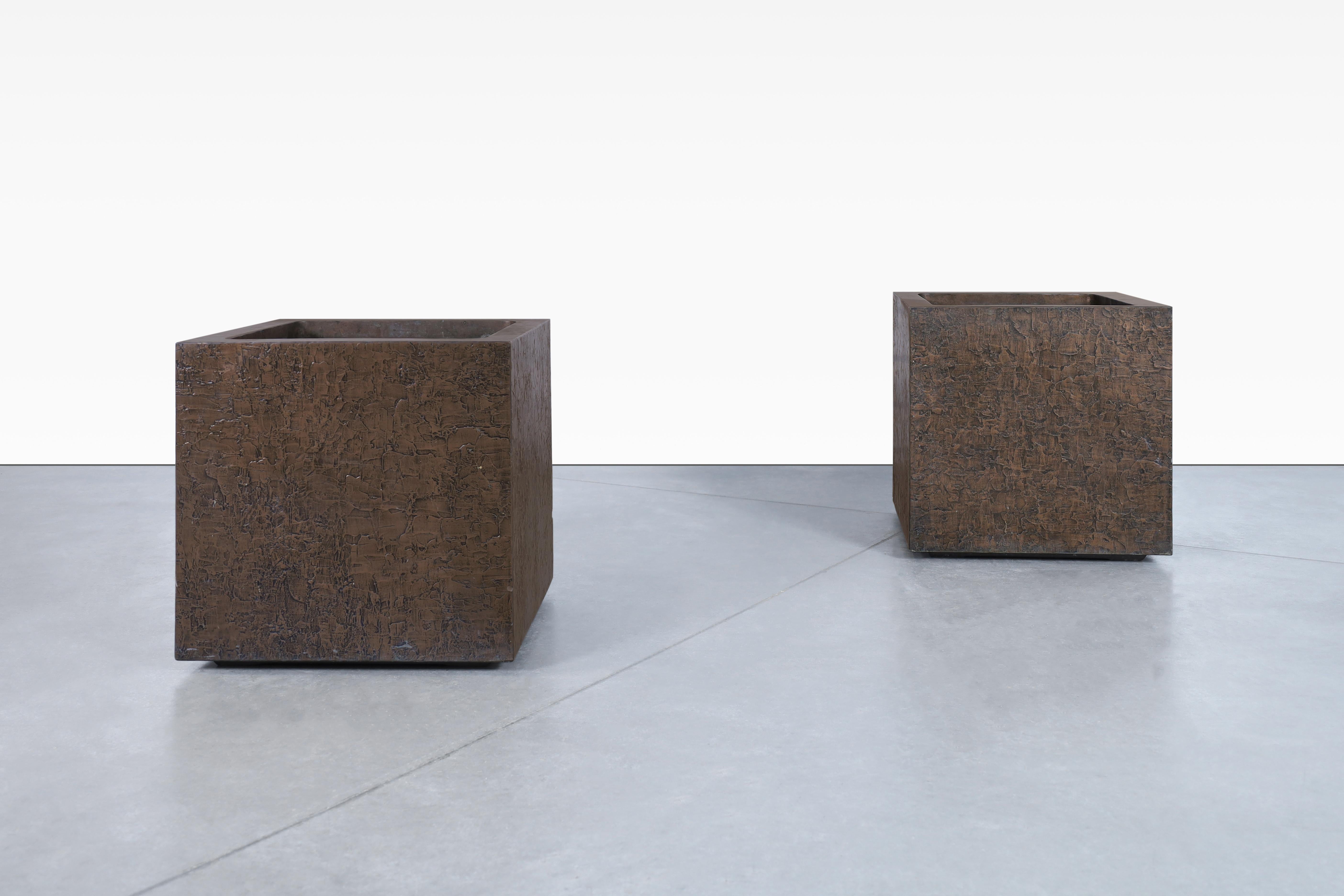 American Mid-Century Modern Bronze Resin Square Planters by Forms and Surfaces For Sale