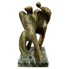 Mid-Century Modern Bronze Table Sculpture Marble Signed Porret People 2/5 1970s