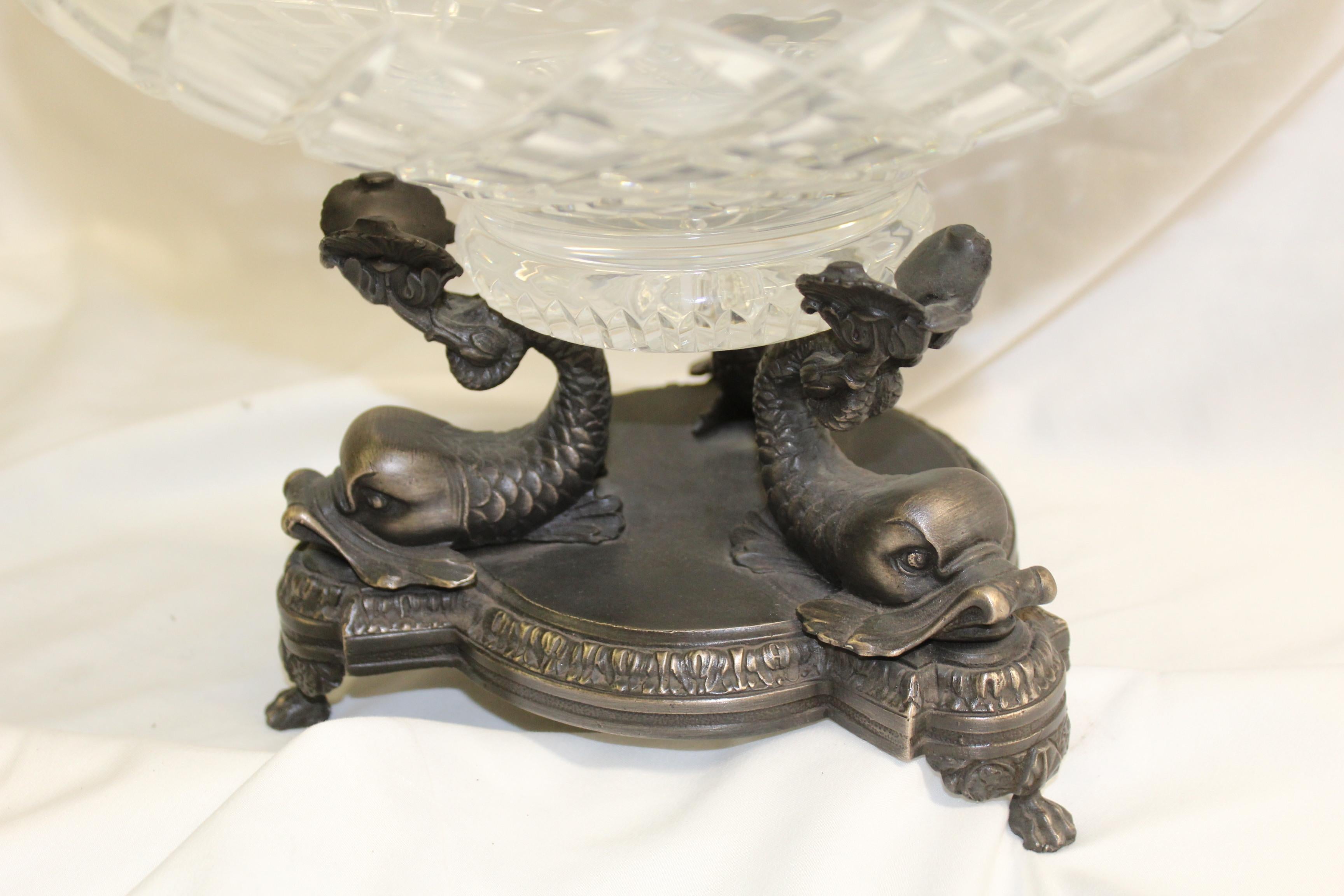 Art Nouveau Mid Century Modern,  Bronze Tripple Dolphin Crystal bowl . For Sale