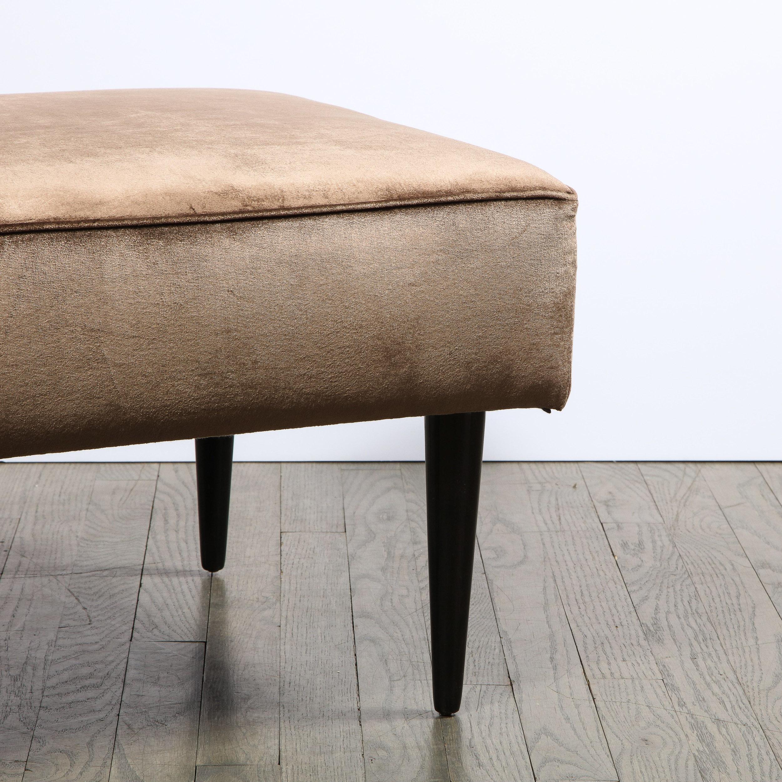 American Mid-Century Modern Bronze Velvet Ottoman with Conical Ebonized Walnut Legs For Sale