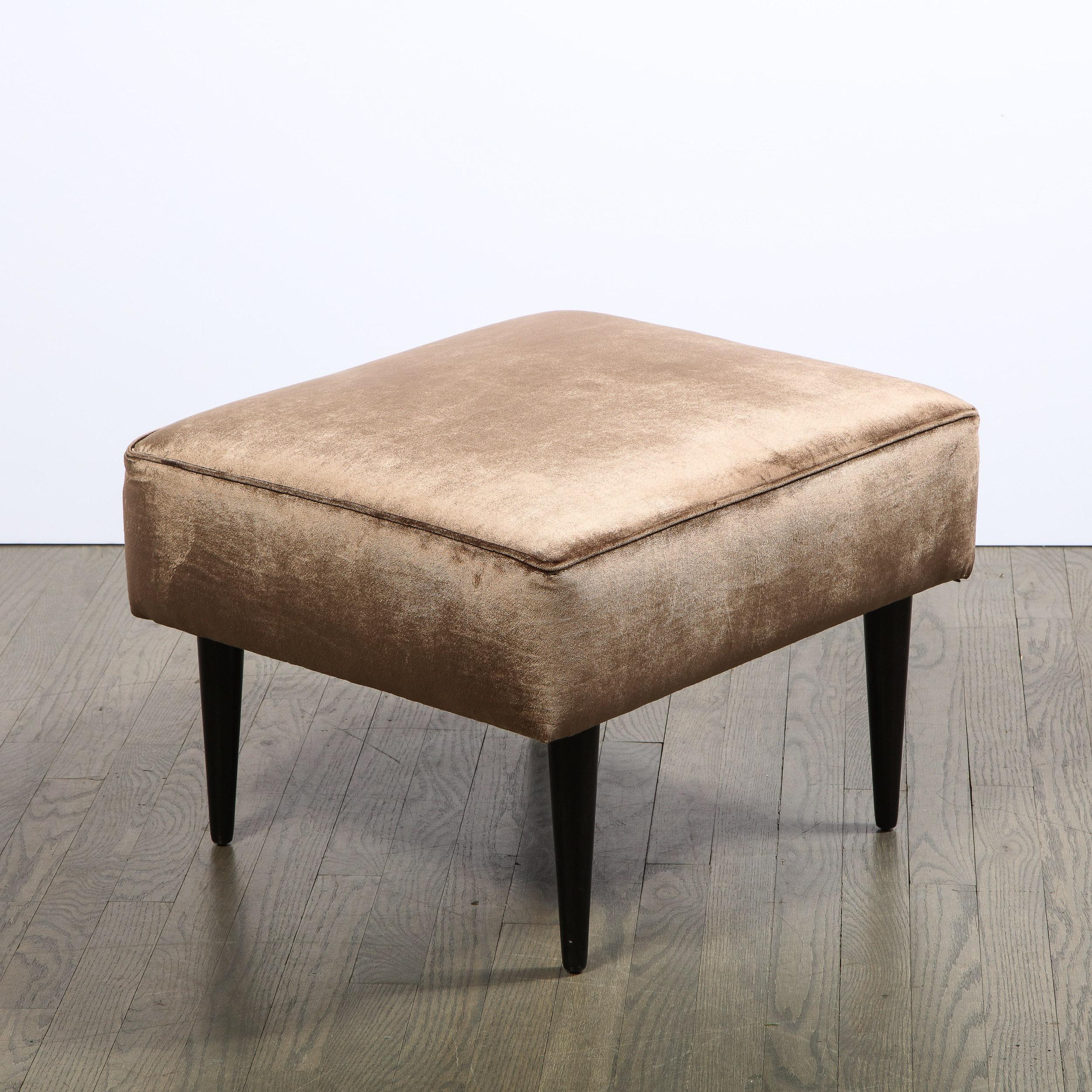 Mid-Century Modern Bronze Velvet Ottoman with Conical Ebonized Walnut Legs In Excellent Condition For Sale In New York, NY