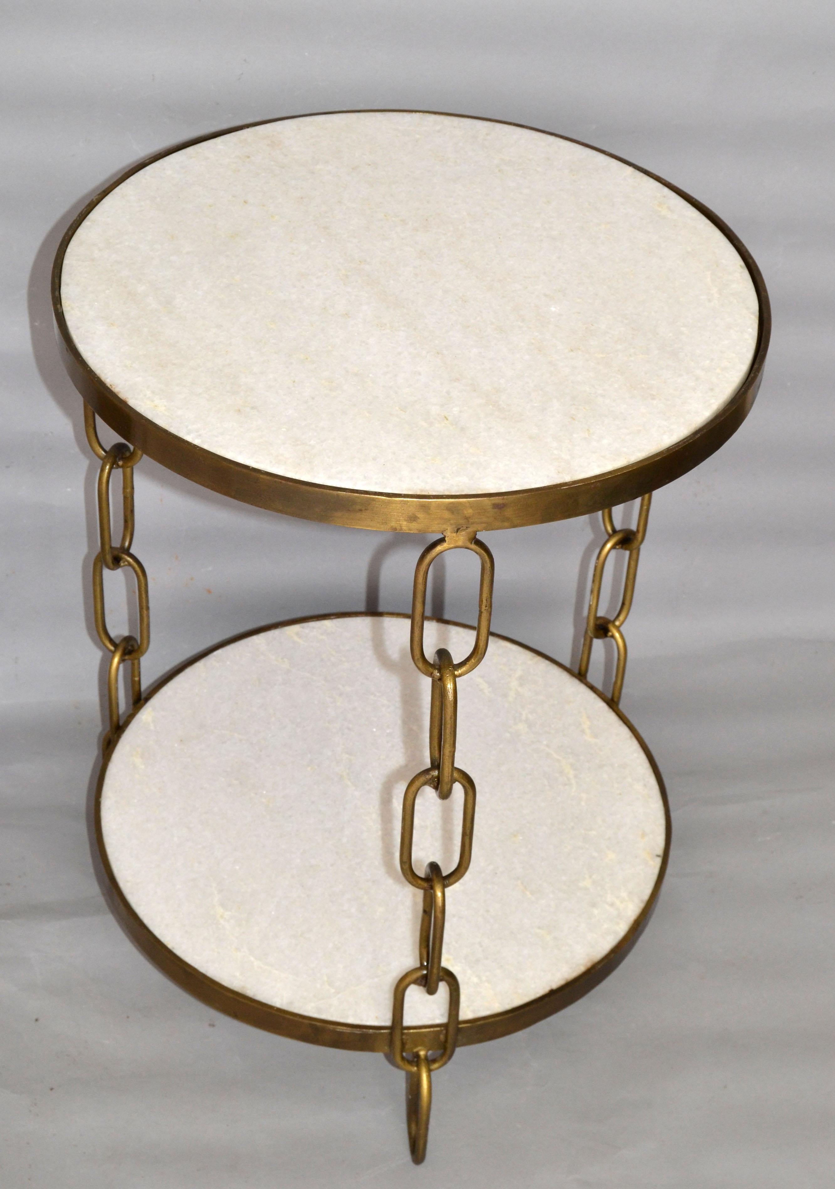 Mid-Century Modern Bronze & White Granite Two Tier Side Table Chain-Link Legs  For Sale 2