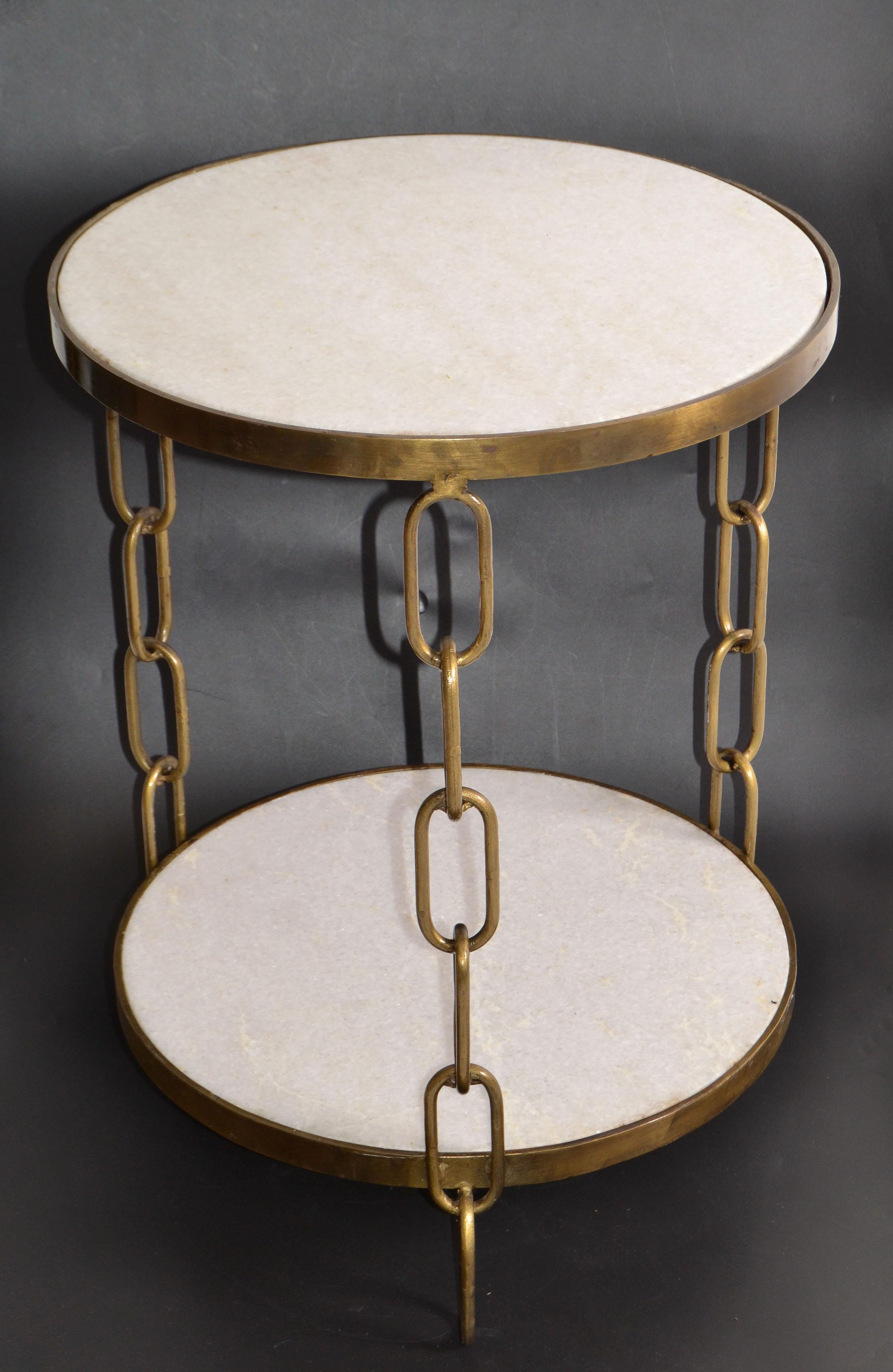 Mid-Century Modern bronze & white granite round two tier side table chain-link legs.
Space in between measures: 17.5 inches.