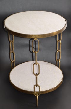 Mid-Century Modern Bronze & White Granite Two Tier Side Table Chain-Link Legs