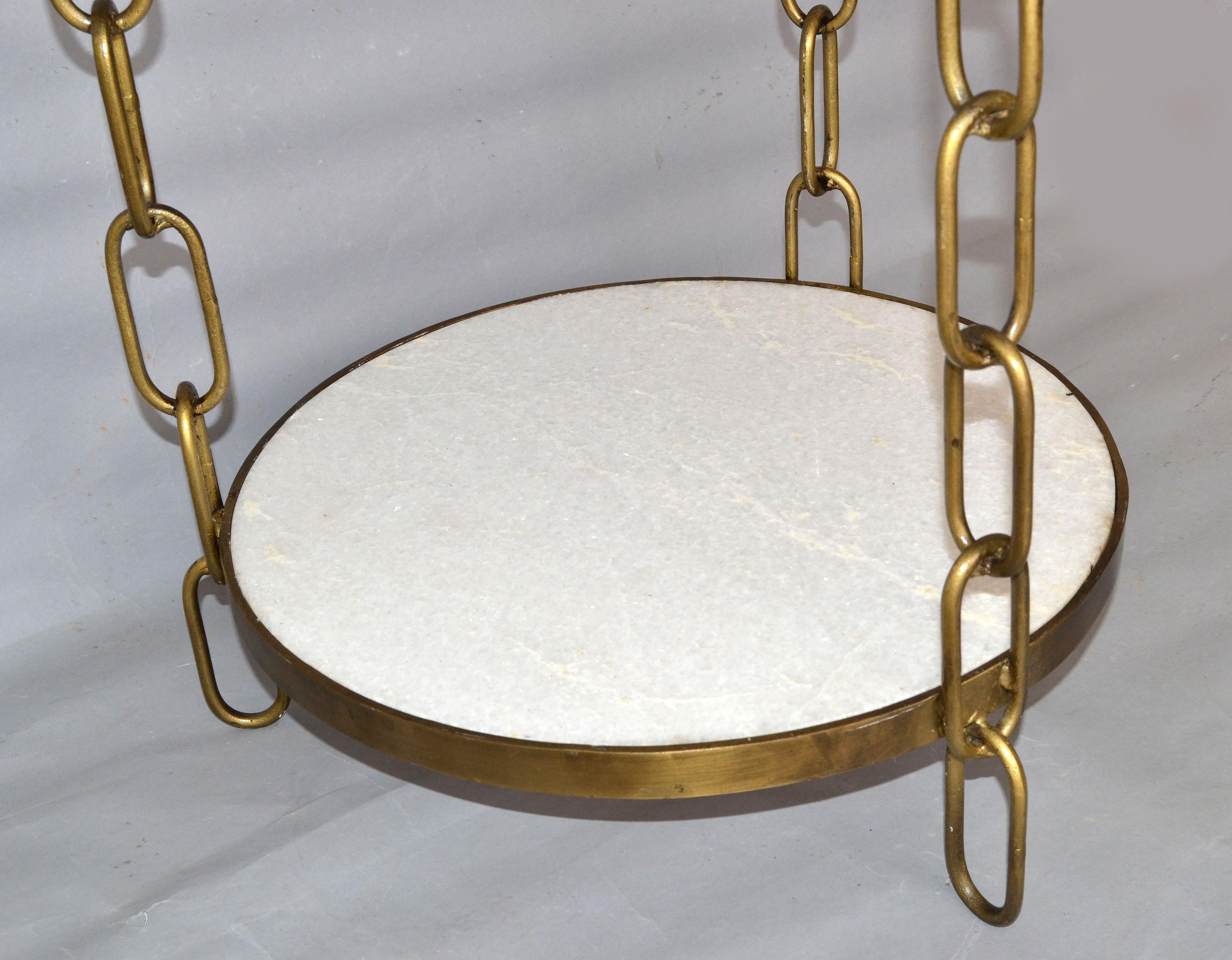 American Mid-Century Modern Bronze & White Granite Two Tier Side Table Chain-Link Legs  For Sale