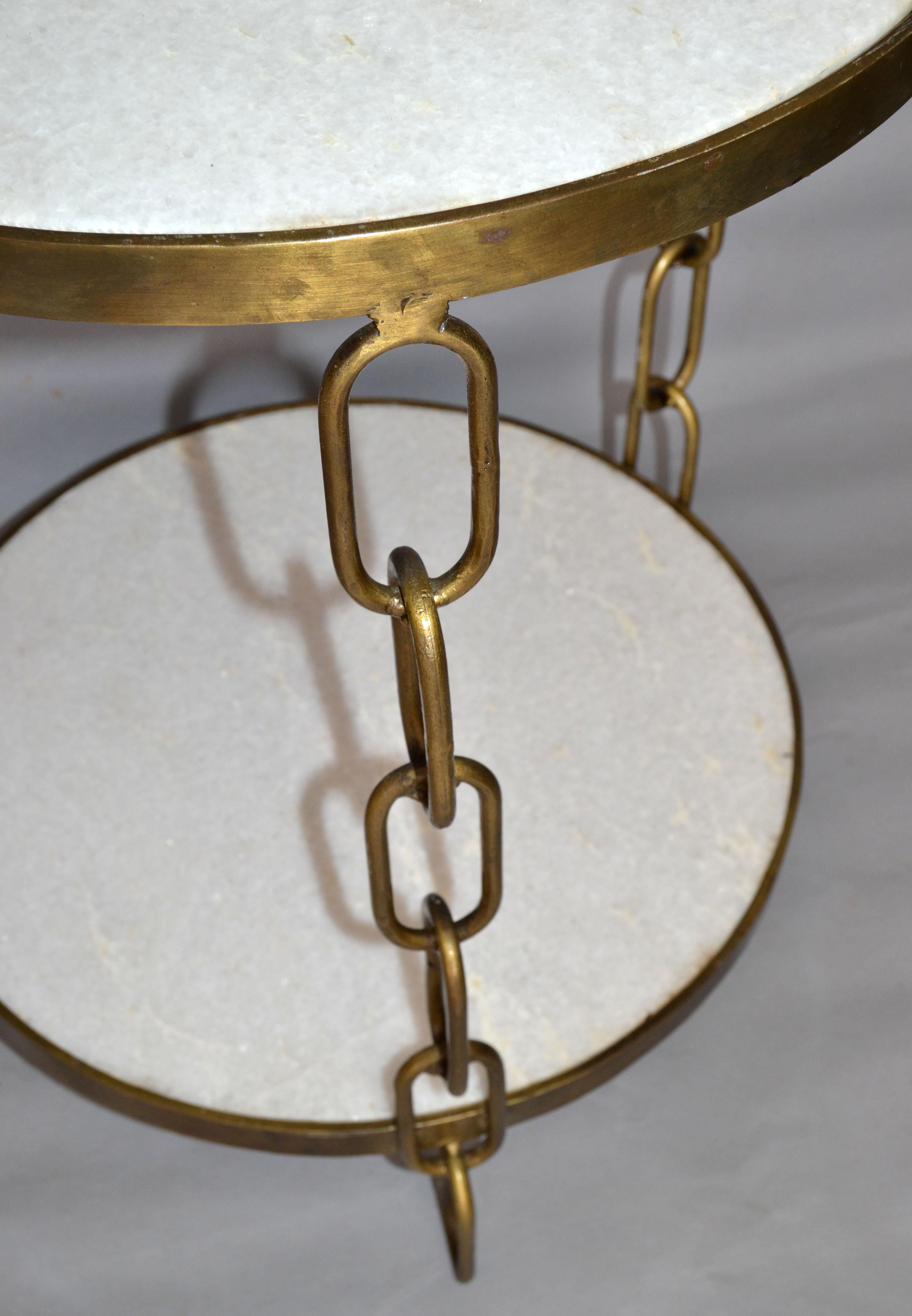 Mid-Century Modern Bronze & White Granite Two Tier Side Table Chain-Link Legs  In Good Condition For Sale In Miami, FL