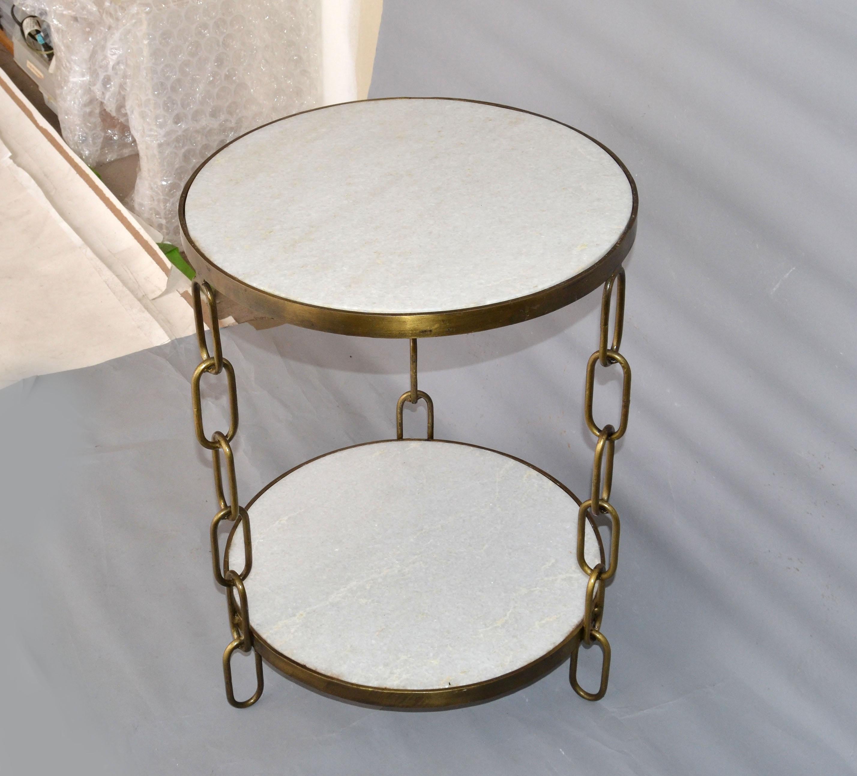 Late 20th Century Mid-Century Modern Bronze & White Granite Two Tier Side Table Chain-Link Legs  For Sale