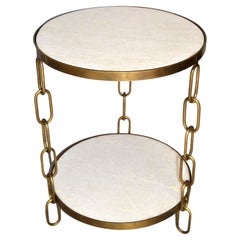 Mid-Century Modern Bronze & White Granite Two Tier Side Table Chain-Link Legs 