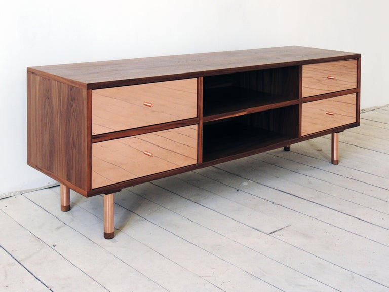 MidCentury Modern Brooklyn Media Console in Walnut, Copper or Brass