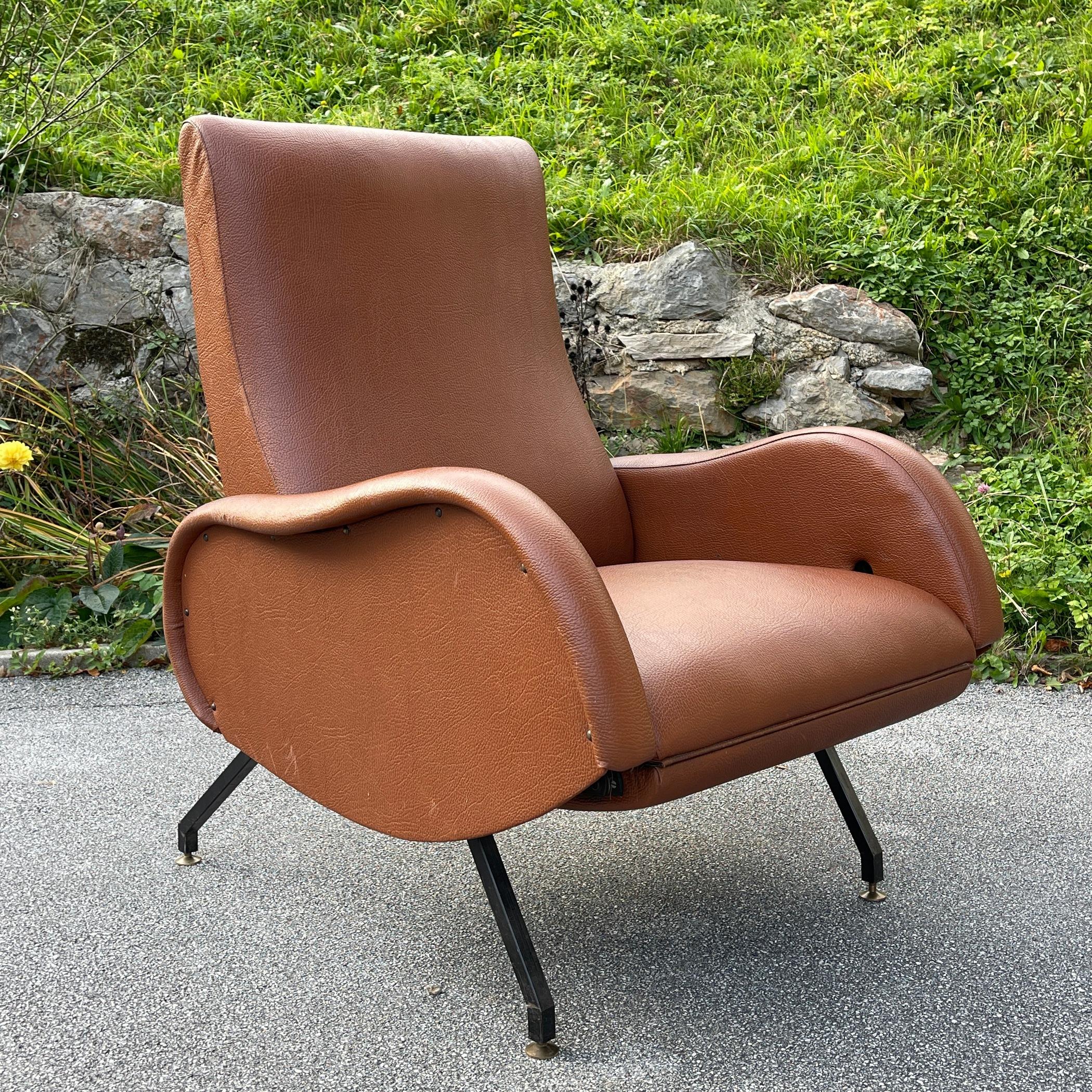 Italian Mid-Century Modern Brown Armchair with Footrest Italy, 1960s