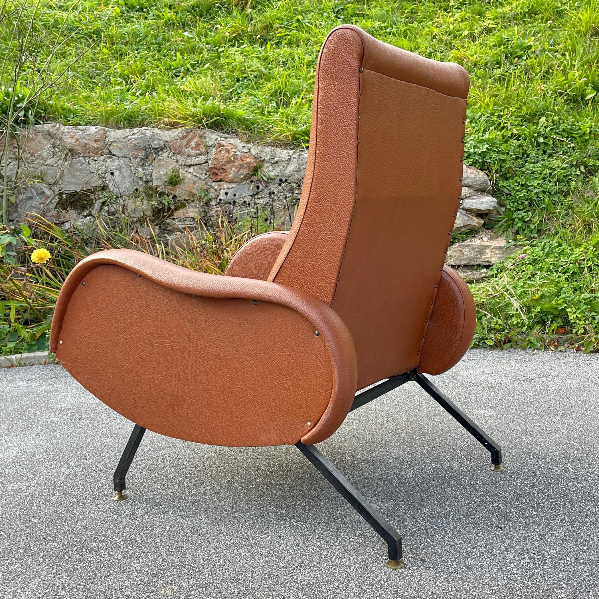 Metal Mid-Century Modern Brown Armchair with Footrest Italy, 1960s