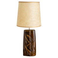 Mid Century Modern Brown Ceramic Lamp With Abstract Motif