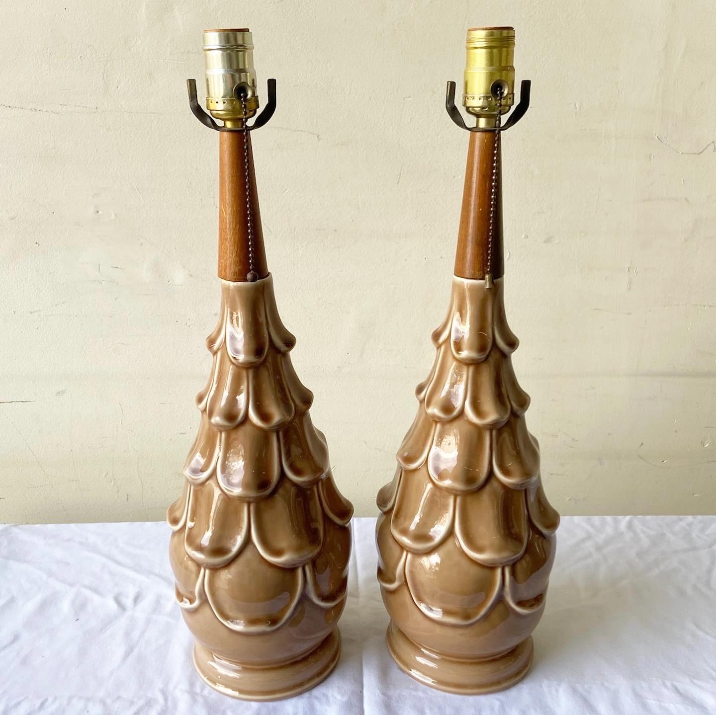 American Mid Century Modern Brown Ceramic Table Lamps - a Pair