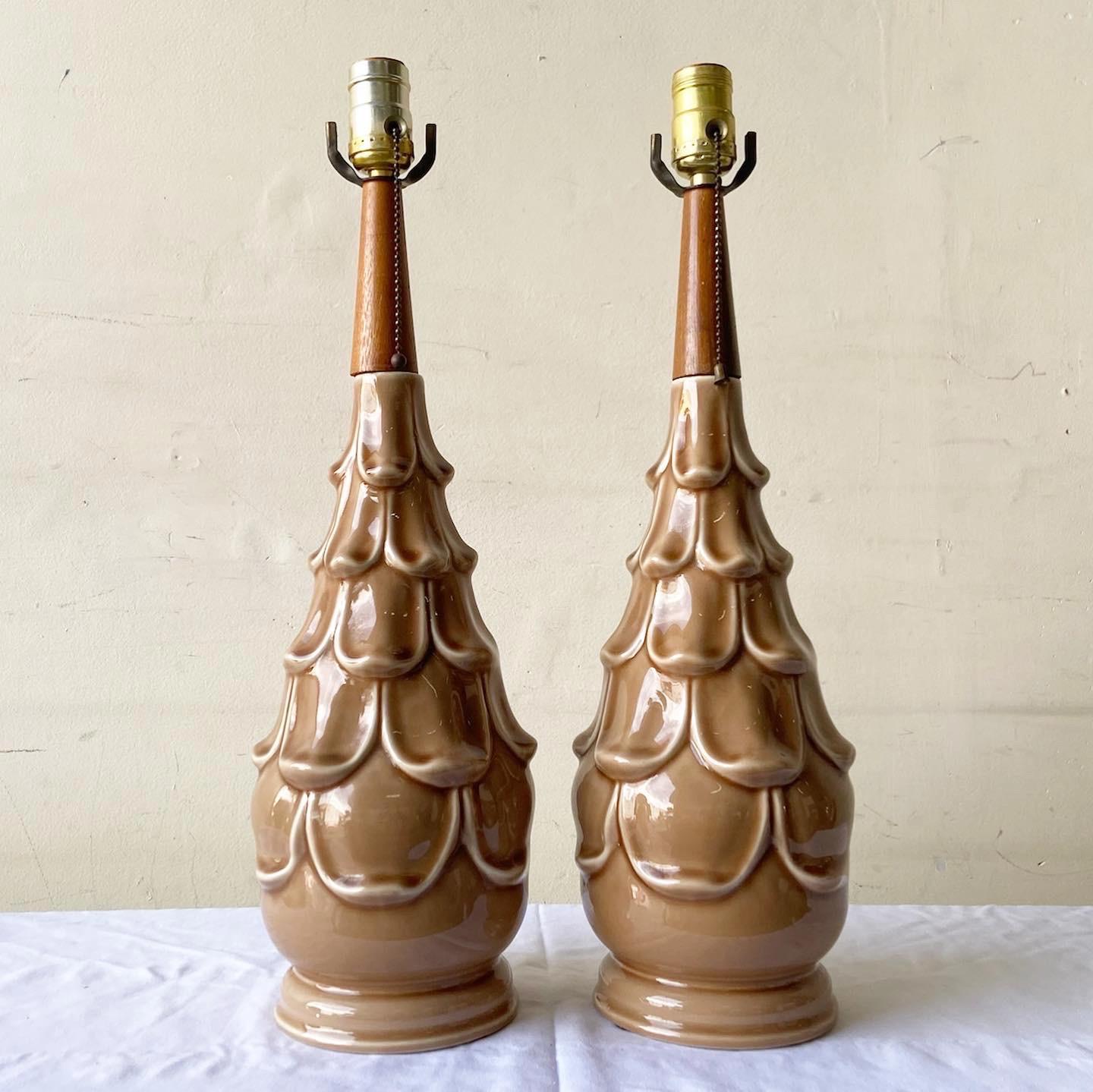 Mid Century Modern Brown Ceramic Table Lamps - a Pair In Good Condition In Delray Beach, FL