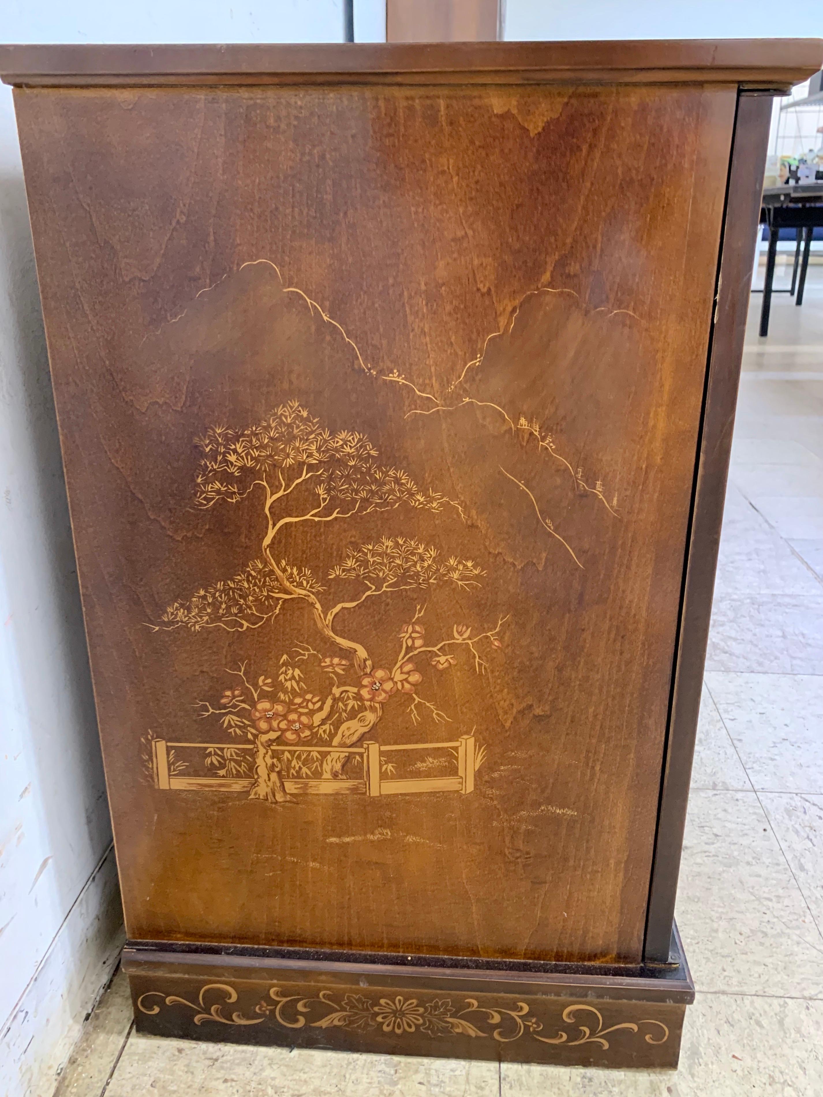 Late 20th Century Mid-Century Modern Brown Chinoiserie Credenza Sideboard Buffet Bar Sideboard