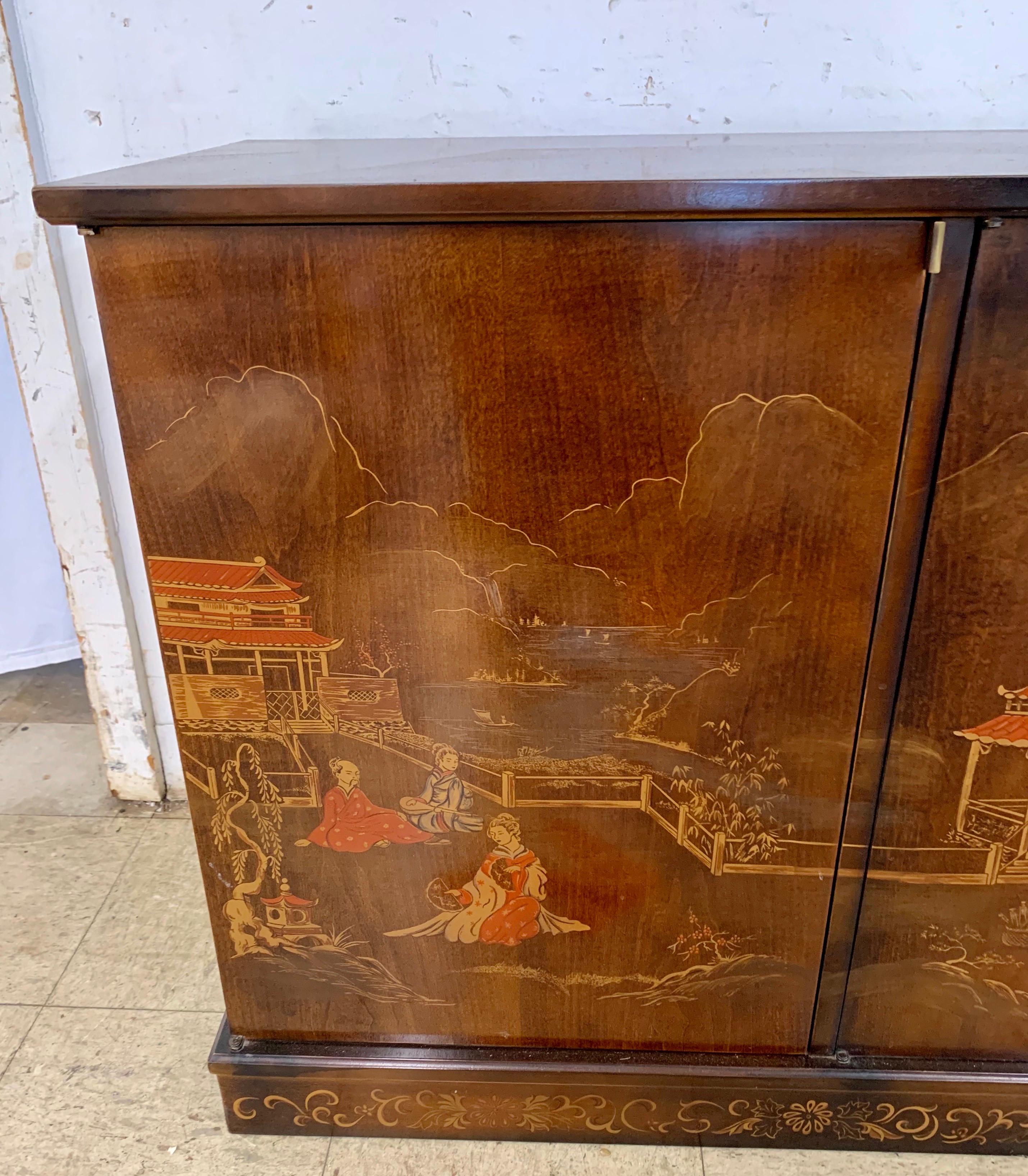 Mid-Century Modern Brown Chinoiserie Credenza Sideboard Buffet Bar Sideboard 1