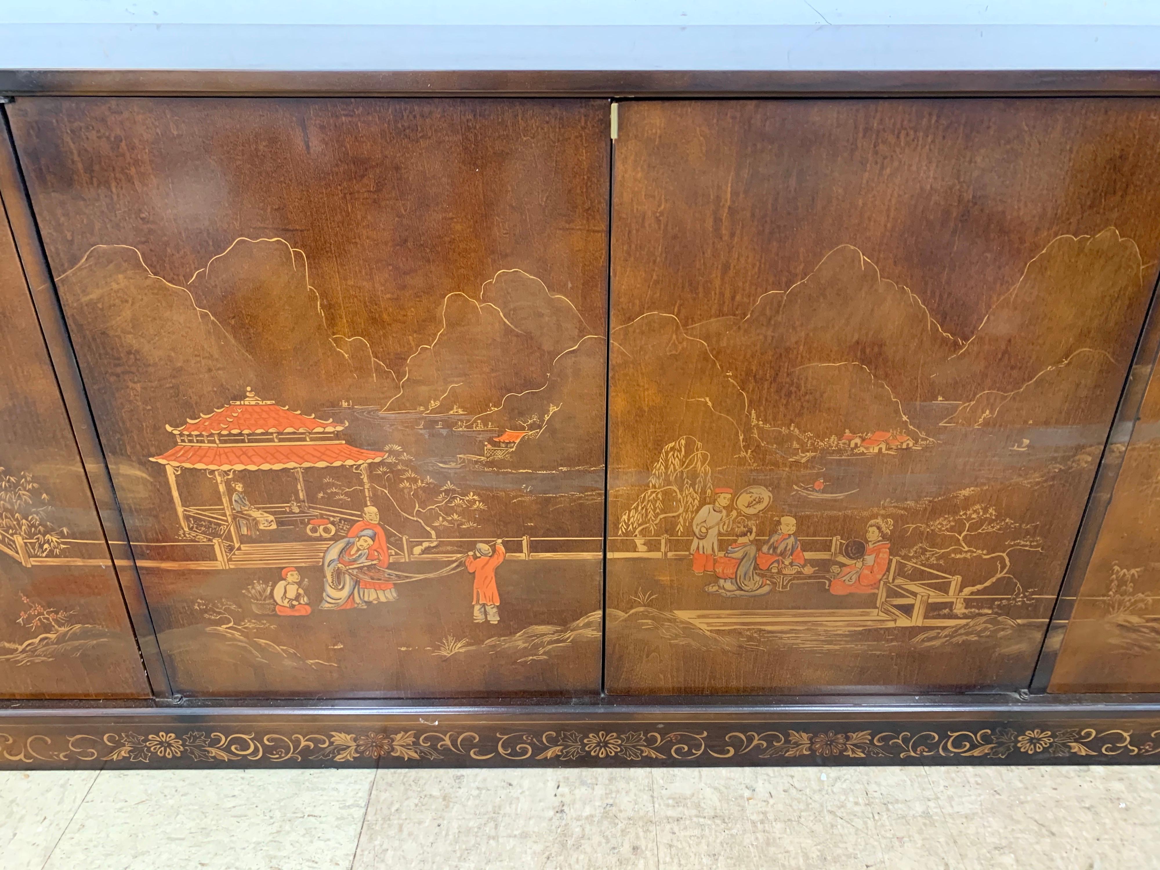 Mid-Century Modern Brown Chinoiserie Credenza Sideboard Buffet Bar Sideboard 2