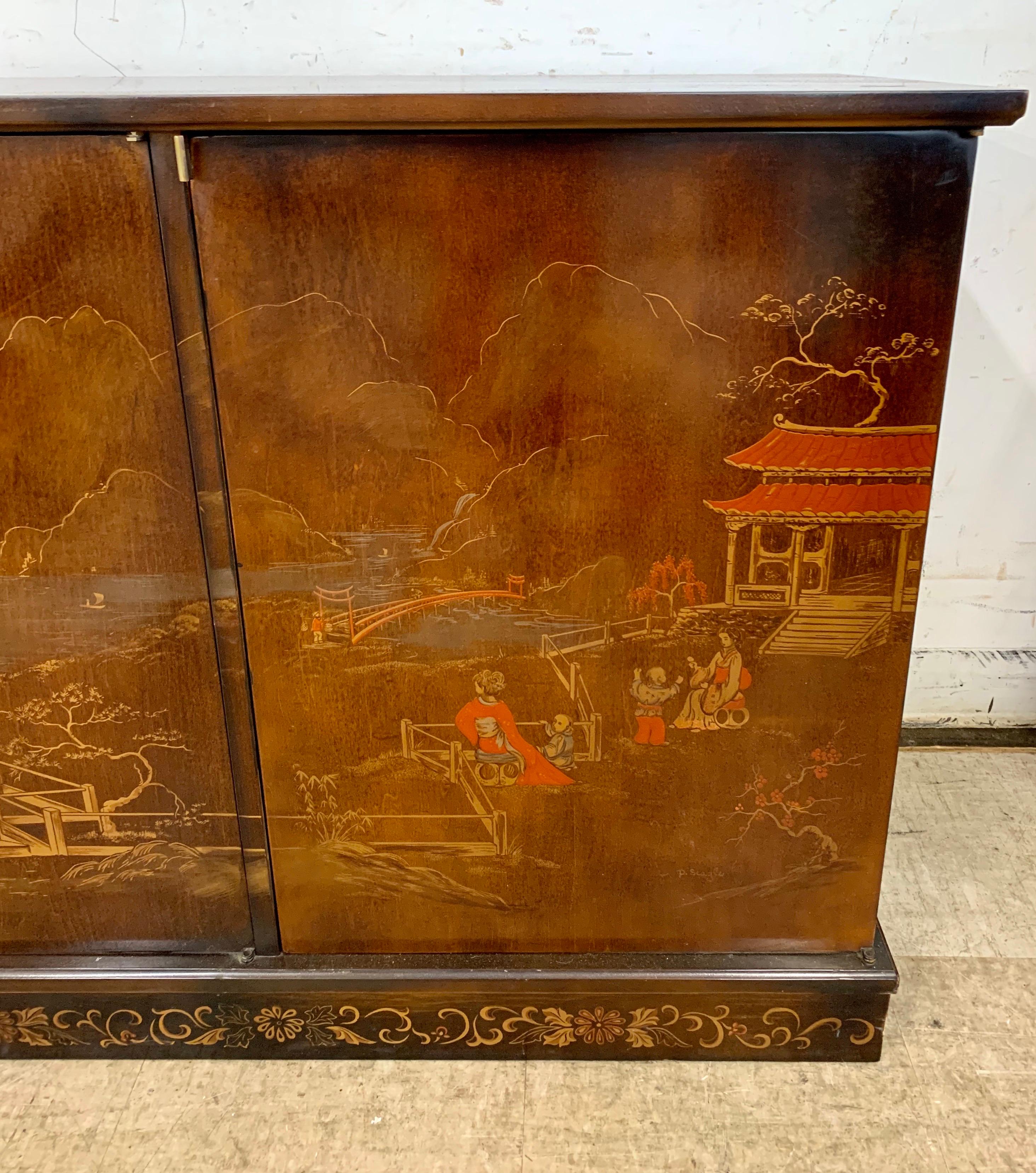 Mid-Century Modern Brown Chinoiserie Credenza Sideboard Buffet Bar Sideboard 3