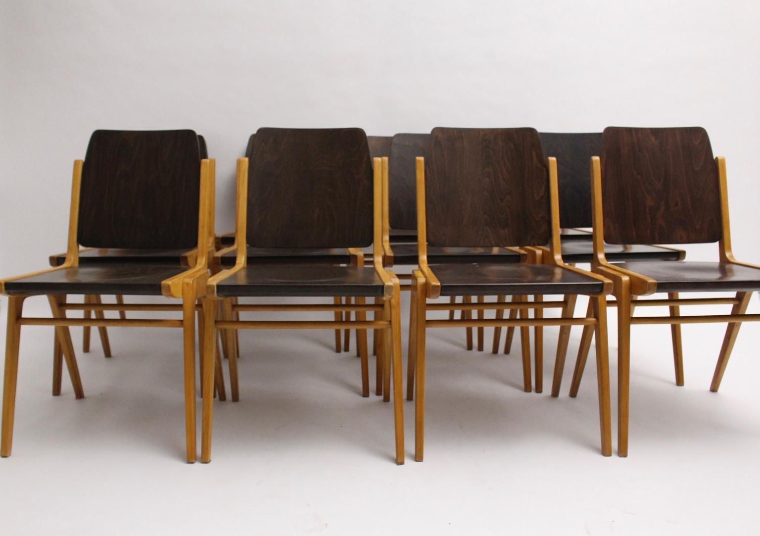 Austrian Mid-Century Modern Brown Dining Room Chairs Franz Schuster 1959 Set of Twelve