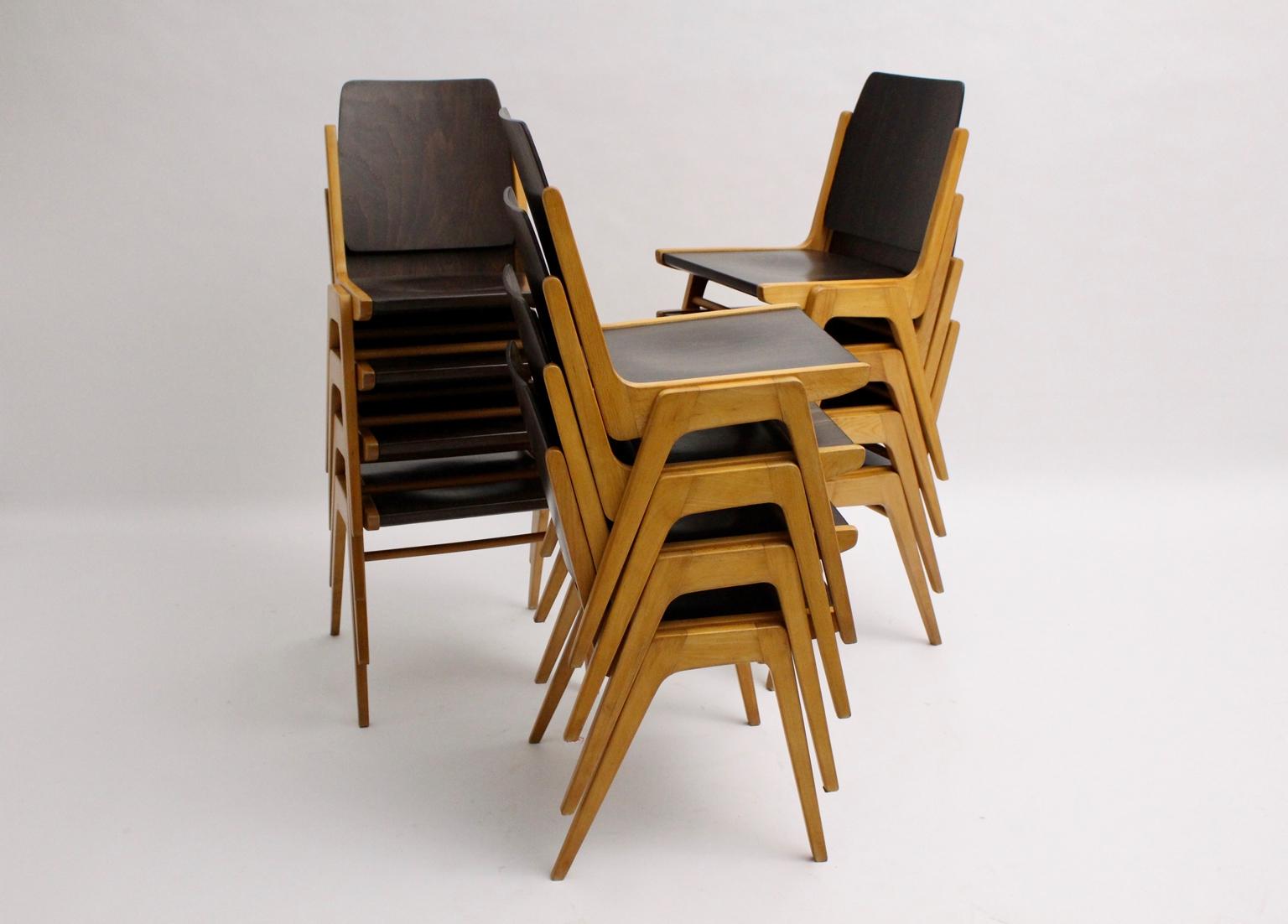Autrichien Franz Schuster ensemble de douze chaises de salle à manger marron de style mi-siècle moderne, 1959 en vente
