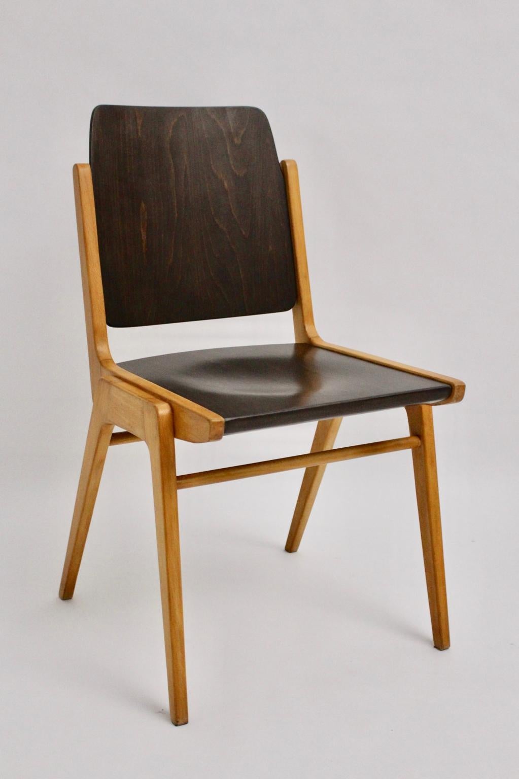 Beech Mid-Century Modern Brown Dining Room Chairs Franz Schuster 1959 Set of Twelve