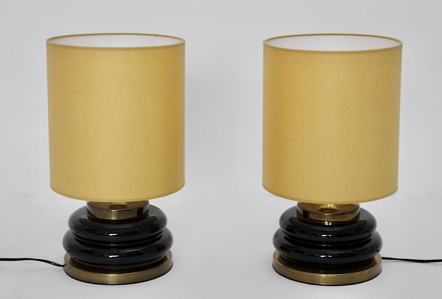 Italian Modernist Brown Gold Glass Vintage Table Lamps Pair Duo, 1970s, Italy For Sale