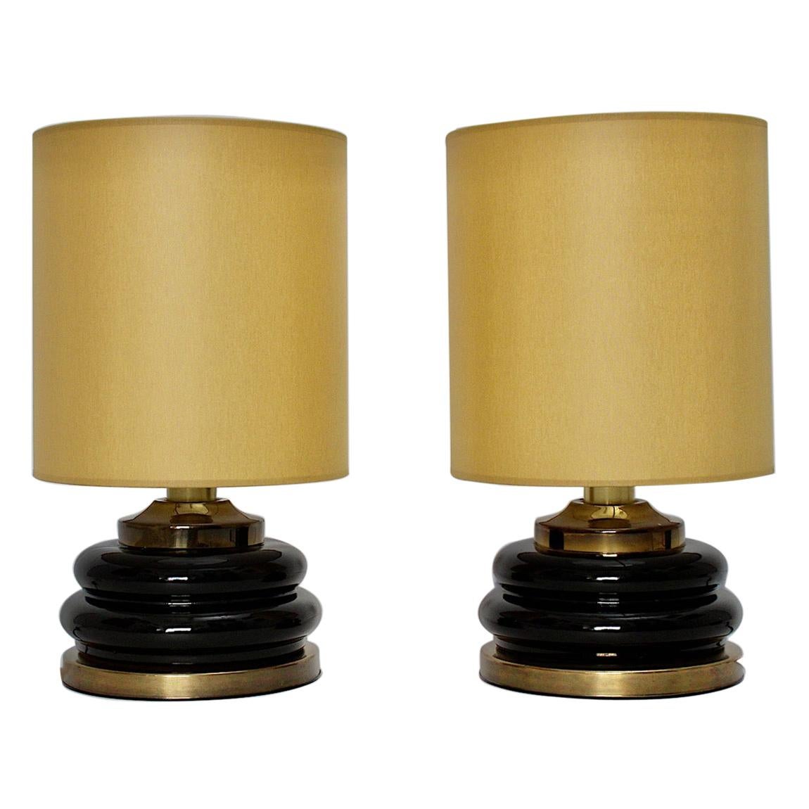 Modernist Brown Gold Glass Vintage Table Lamps Pair Duo, 1970s, Italy For Sale