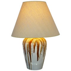 Mid-Century Modern Brown Lava Drip Glazed Ceramic Table Lamp Brass Finial, 1960s