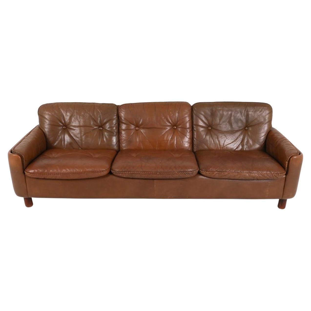 Mid-Century Modern brown Leather 3 seat Sofa round Legs Sigurd Resell Norway