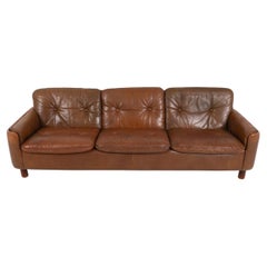 Mid-Century Modern brown Leather 3 seat Sofa round Legs Sigurd Resell Norway