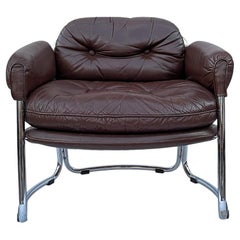 Mid-Century Modern Brown Leather and Chrome Lounge Chair or Armchair