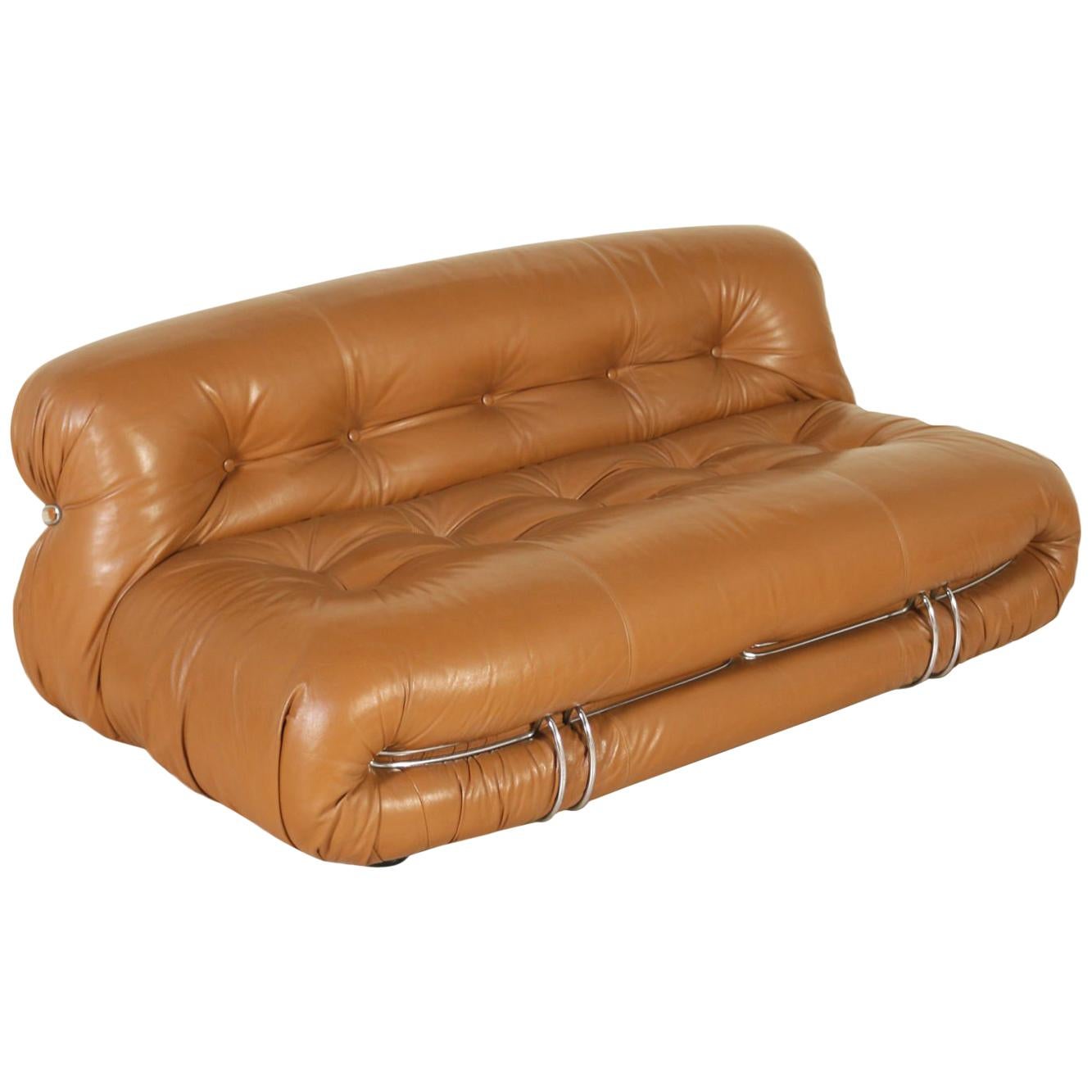 Mid-Century Modern Brown Leather and Chromed Metal Italian "Soriana" Sofa, 1970s