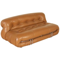 Mid-Century Modern Brown Leather and Chromed Metal Italian "Soriana" Sofa, 1970s