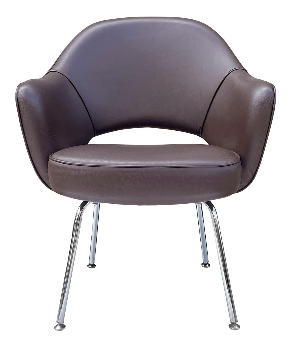 Late 20th Century Mid Century Modern Brown Leather Armchair Dining Chairs by Eero Sarrinen Knoll