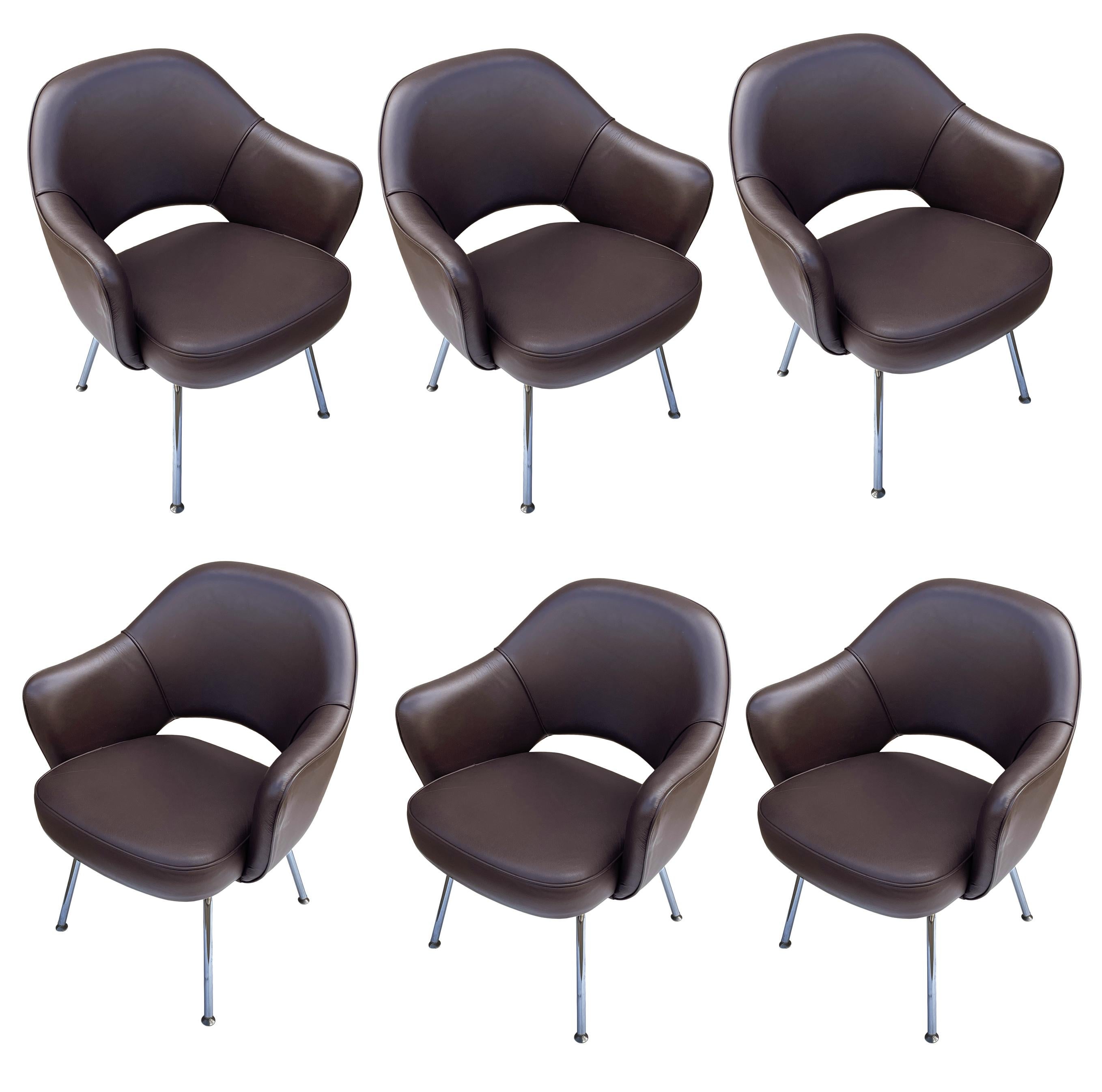 Stainless Steel Mid Century Modern Brown Leather Armchair Dining Chairs by Eero Sarrinen Knoll